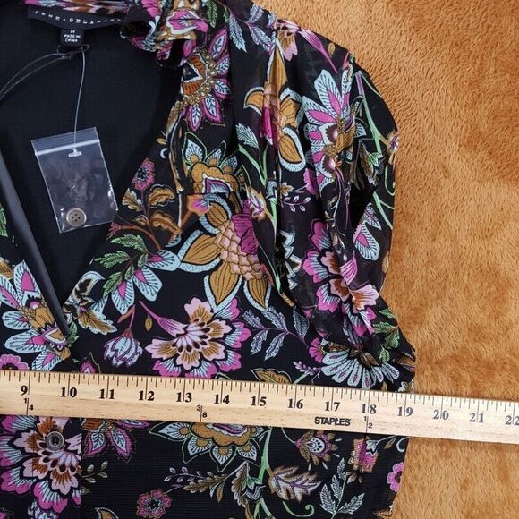 JANE + DELANCEY Top Womens Medium Black Floral Button Up Mesh Sheer Sleeve - Picture 6 of 8